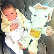 Niko joined the competition — help win amazing prizes! newborn, baby, infant, crocheted_toy, dinosaur, stuffed_animal, white_onesie, cream_sweater, cushion, car_seat, child, cute, soft_toy, handmade, knitted, portrait, indoor, cozy, person, baby_clothing