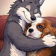 Naya a rejoint le concours — aidez-le/la à gagner de superbes lots ! dog, cartoon, wolf, hug, embrace, couch, furry, animated_character, realistic_dog, brown_eyes, cute, friendship, mixed_media, companion, cozy, affection, pet, illustration, animal, love