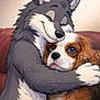 dog, cartoon, wolf, hug, embrace, couch, furry, animated_character, realistic_dog, brown_eyes, cute, friendship, mixed_media, companion, cozy, affection, pet, illustration, animal, love