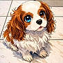 adorable, animated, big_eyes, brown_and_white, cartoon_style, cute, digital_art, dog, fluffy, fur, heterochromia, illustration, indoor, looking_up, pet, puppy, sitting, small_dog, tile_floor, whiskers