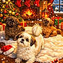 Les Triplettes participe au concours pour gagner de l'argent avec cette photo : puppies, dog, christmas_tree, fireplace, stockings, candles, presents, candy_cane, snow, window, curtains, wooden_floor, rug, holiday, decorations, festive, cozy, indoors, warm_lighting, santa_hat