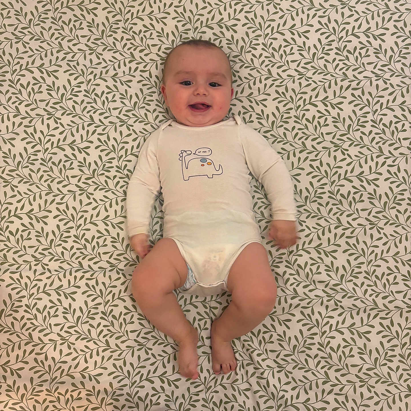 Andrea a rejoint le concours — aidez-le/la à gagner de superbes lots ! baby, infant, smiling, onesie, lying_down, blanket, patterned_blanket, dinosaur_graphic, happy, cute, child, indoor, portrait, toddler, skin, head, arms, legs, feet, clothing