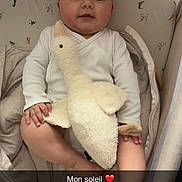 Andrea a rejoint le concours — aidez-le/la à gagner de superbes lots ! baby, infant, stuffed_animal, goose, crib, blanket, onesie, face, child, bed, soft_toy, cute, lying_down, comfort, indoors, sleeping_area, expression, hand, foot, text_overlay