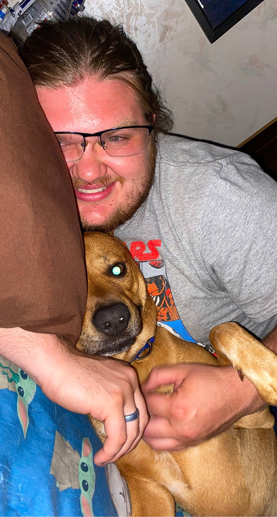 Beast is registered to the contest to win money with this photo: beard, canidae, carnivore, companion_dog, dog, dog_breed, ear, eyewear, fawn, finger, fun, glasses, hand, happy, mammal, muscle, smile, snout, sporting_group, vision_care