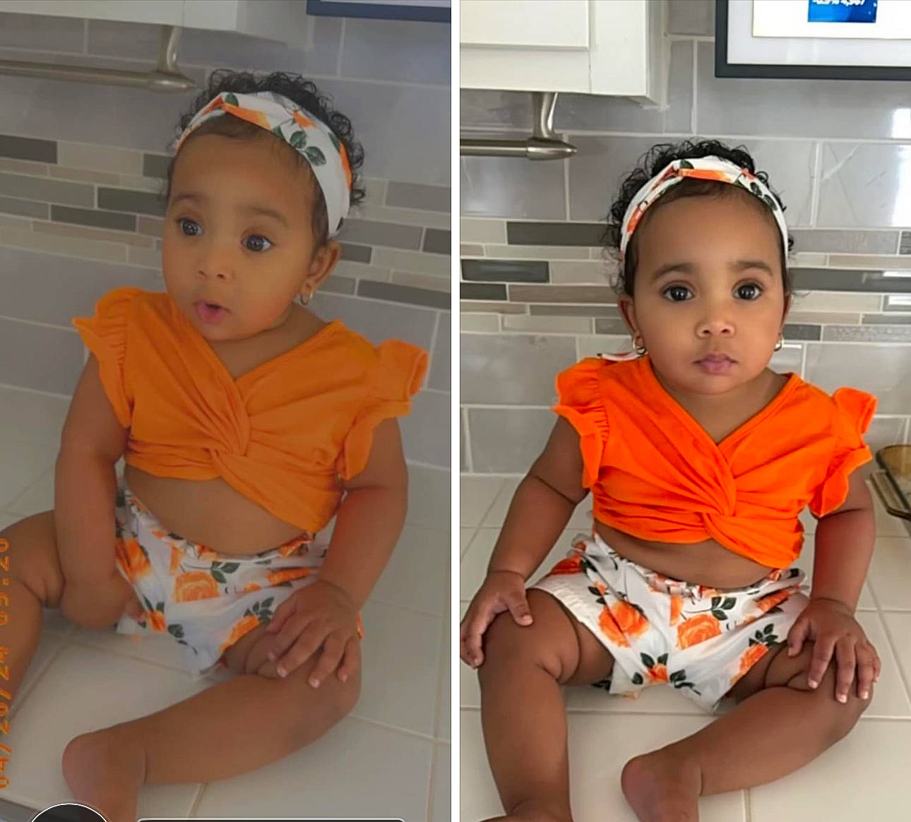 Aliza is registered to the contest to win money with this photo: baby, baby_toddler_clothing, child, collar, facial_expression, fashion_accessory, human_leg, knee, neck, pattern, person, personal_protective_equipment, product, shorts, sitting, sleeve, surprise, t_shirt, television, thigh