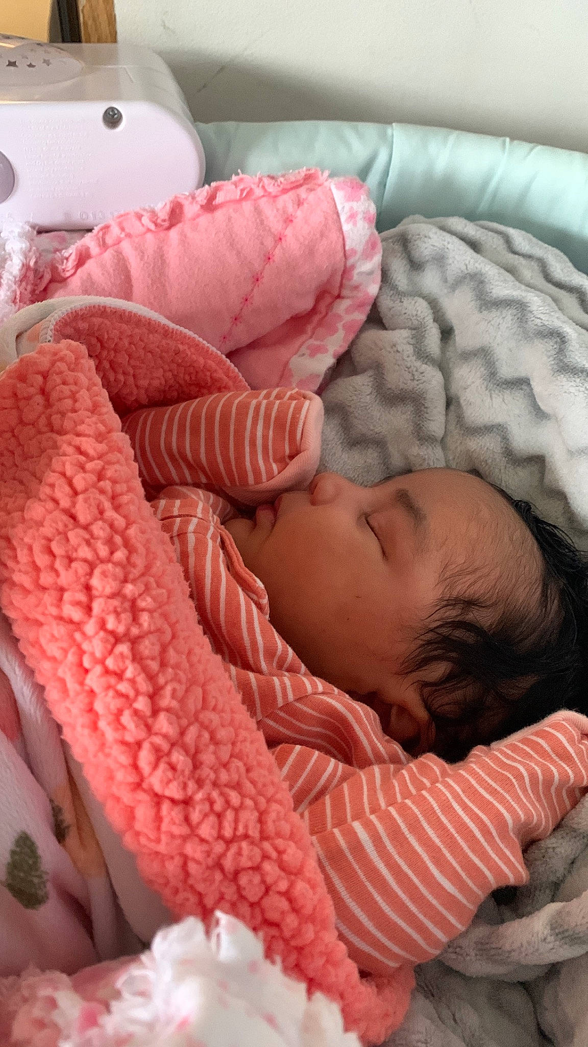 Shayden is registered to the contest to win money with this photo: baby, baby_products, baby_sleeping, baby_toddler_clothing, bedding, bedtime, cheek, child, comfort, linens, magenta, mouth, nap, pattern, person, pink, product, room, skin, textile