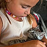 girl, child, cat, kitten, tabby_cat, pet, animal, portrait, close_up, cuddling, hugging, looking_down, looking_up, beads, necklace, white_shirt, arms, indoor, family, adorable