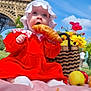 Sofia participe au concours pour gagner de l'argent avec cette photo : baby, croissant, red_dress, white_bonnet, picnic, eiffel_tower, blue_sky, basket, flowers, apple, yellow_flower, grass, outdoor, child, food, sitting, cute, daytime, person, fruit