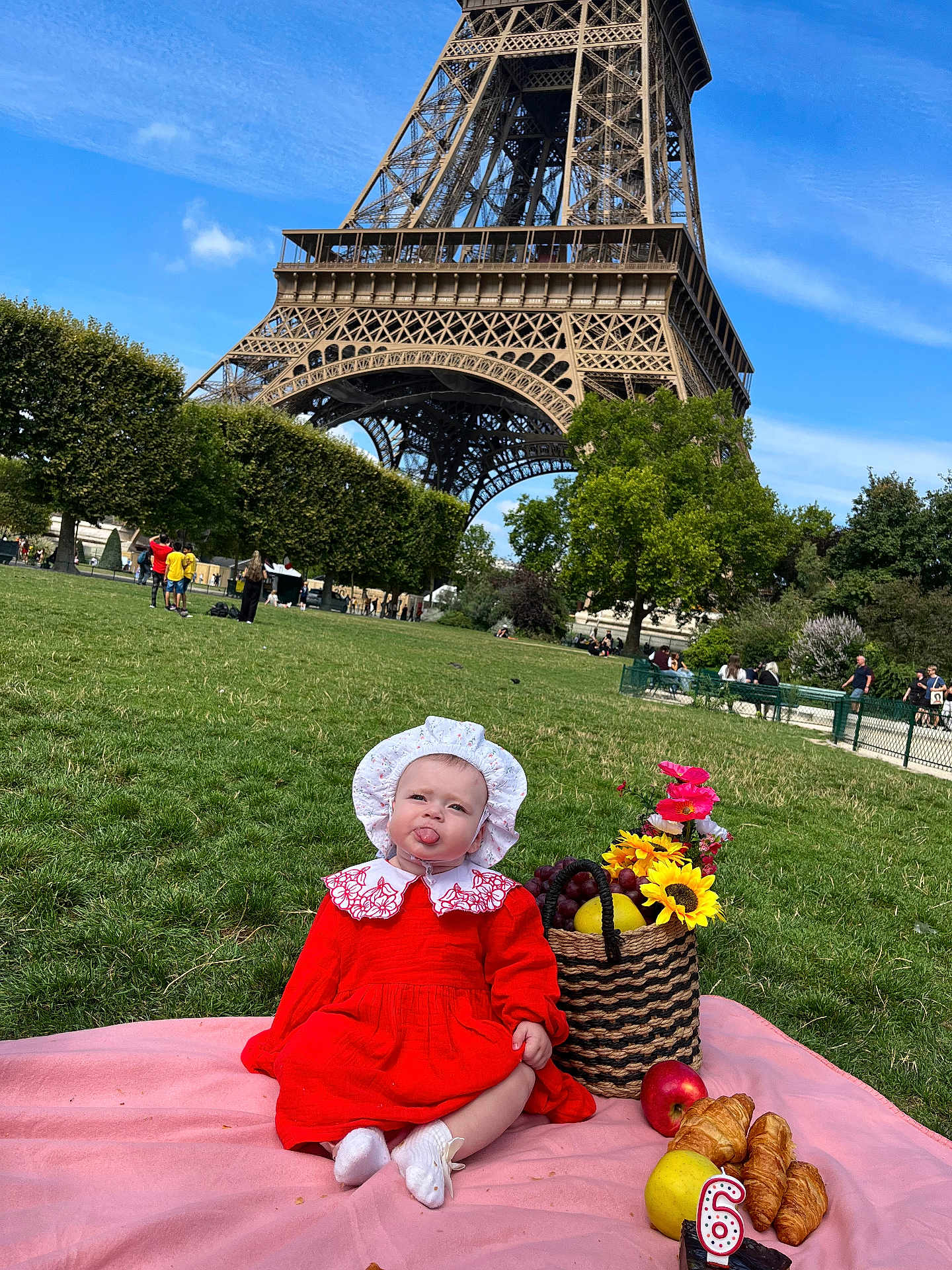 Maria participe au concours pour gagner de l'argent avec cette photo : baby, child, red_dress, bonnet, picnic, blanket, croissant, apple, grapes, basket, flowers, birthday_candle, grass, tree, sky, eiffel_tower, park, outdoor, playful, smiling