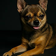 Lizy a rejoint le concours — aidez-le/la à gagner de superbes lots ! adorable, alert, animal, black_background, canine, chihuahua, closeup, companion, cute, dog, ears, friendly, fur, lying_down, paws, pet, portrait, small_dog, studio, tongue_out