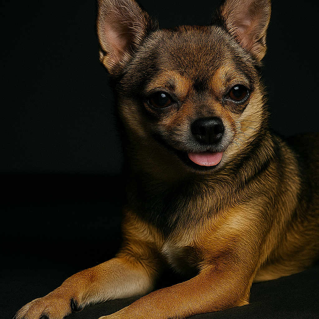 Lizy a rejoint le concours — aidez-le/la à gagner de superbes lots ! adorable, alert, animal, black_background, canine, chihuahua, closeup, companion, cute, dog, ears, friendly, fur, lying_down, paws, pet, portrait, small_dog, studio, tongue_out