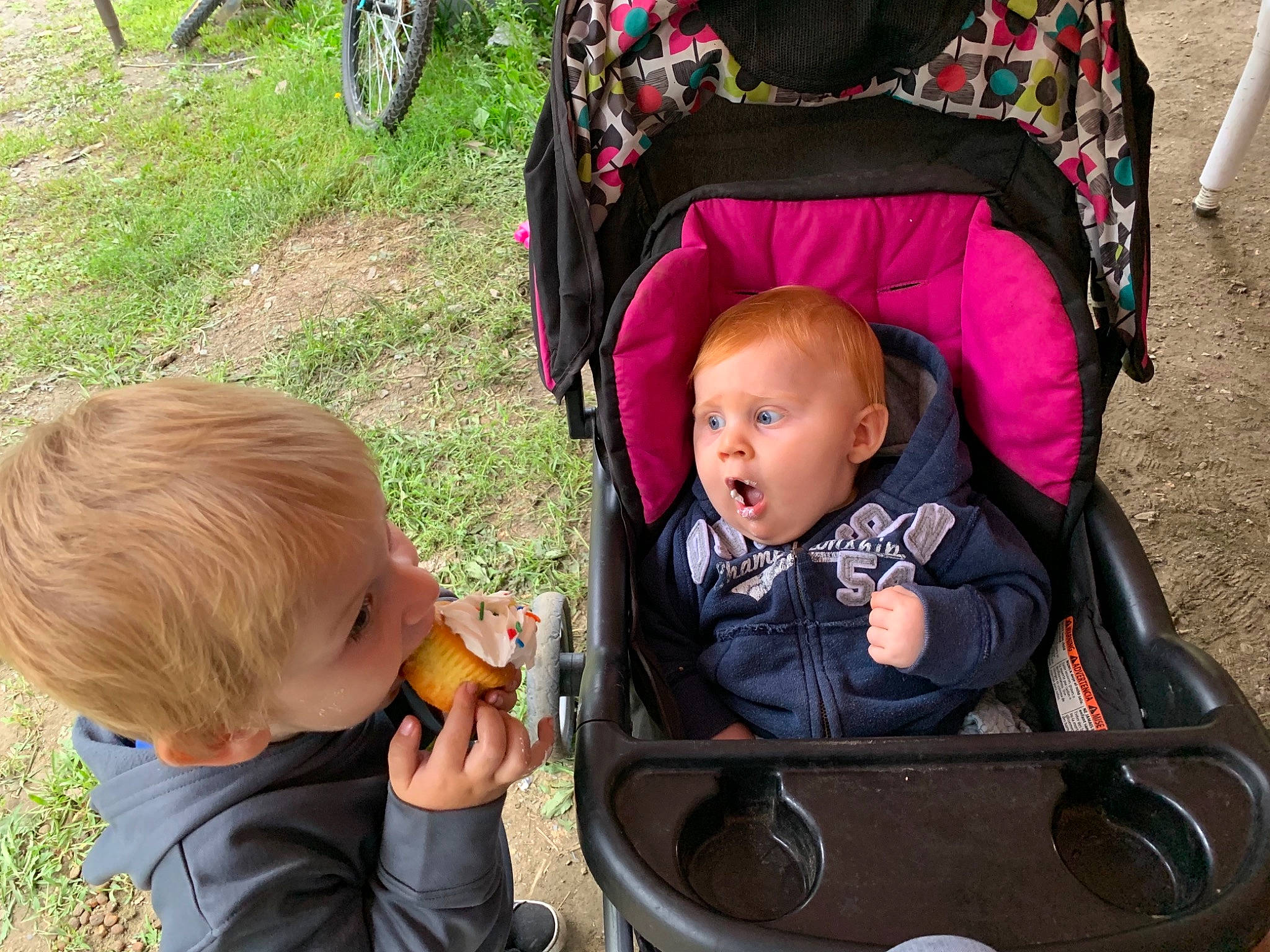 Lucas joined the competition — help win amazing prizes! baby, baby_carriage, baby_toddler_clothing, child, comfort, face, facial_expression, fun, grass, green, head, mammal, people, person, plant, product, surprise, tire, toddler, vertebrate