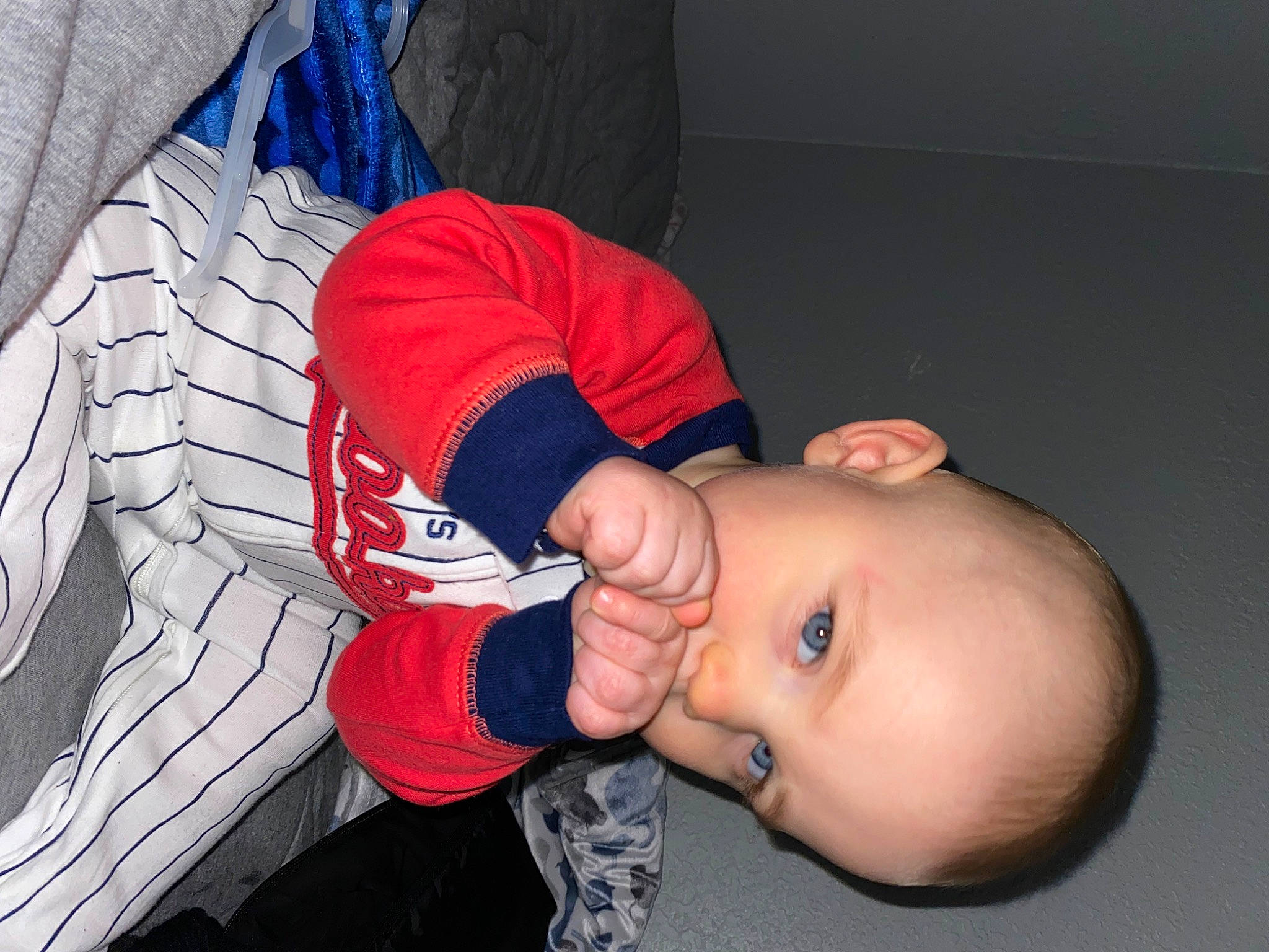Caspen is registered to the contest to win money with this photo: arm, baby, baby_toddler_clothing, buzz_cut, carmine, child, comfort, elbow, electric_blue, gesture, happy, knee, nail, person, sleeve, t_shirt, thumb, toddler, wrist