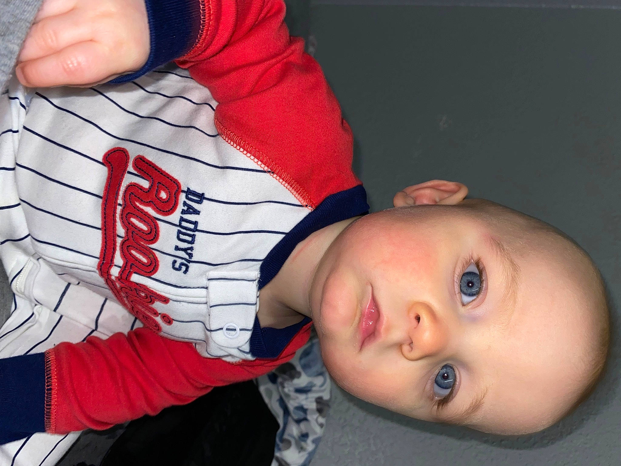 Caspen is registered to the contest to win money with this photo: baby, baby_toddler_clothing, cheek, chin, elbow, eyelash, finger, flash_photography, gesture, hand, human_leg, mouth, nose, person, skin, sleeve, sportswear, t_shirt, thumb, toddler