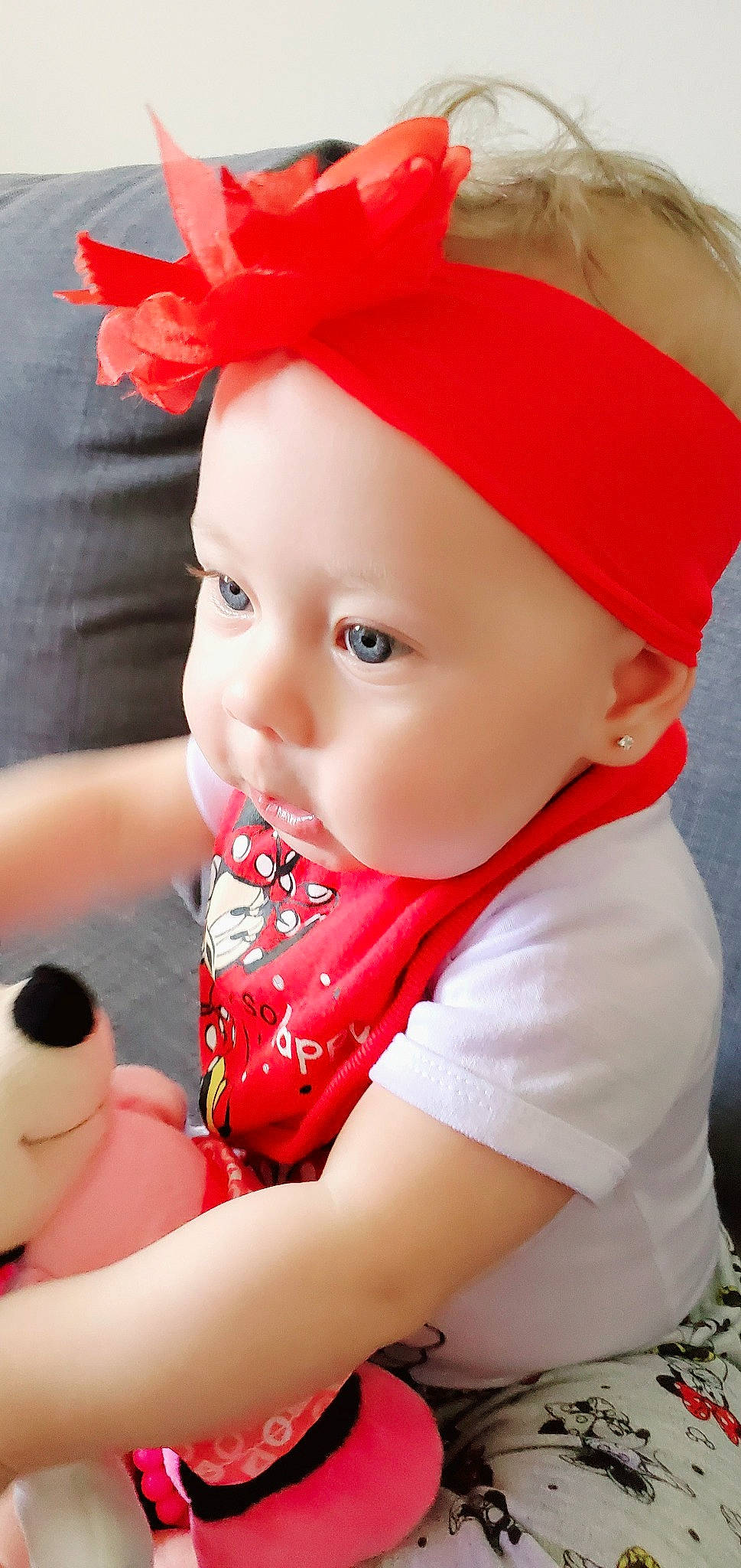 Bella is registered to the contest to win money with this photo: baby, baby_toddler_clothing, cap, carmine, child, chin, costume_hat, face, facial_expression, fashion_accessory, fun, happy, headwear, holiday, lip, pattern, person, pink, red, skin