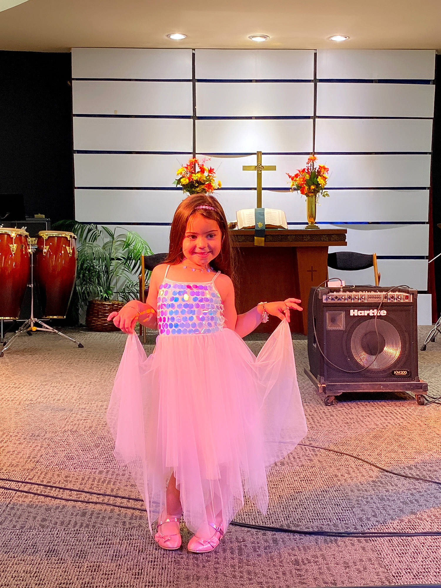 Princess joined the competition — help win amazing prizes! child, child_model, clothing, costume, dress, event, formal_wear, joy, peach, person, pink, pumpkin, room, toddler