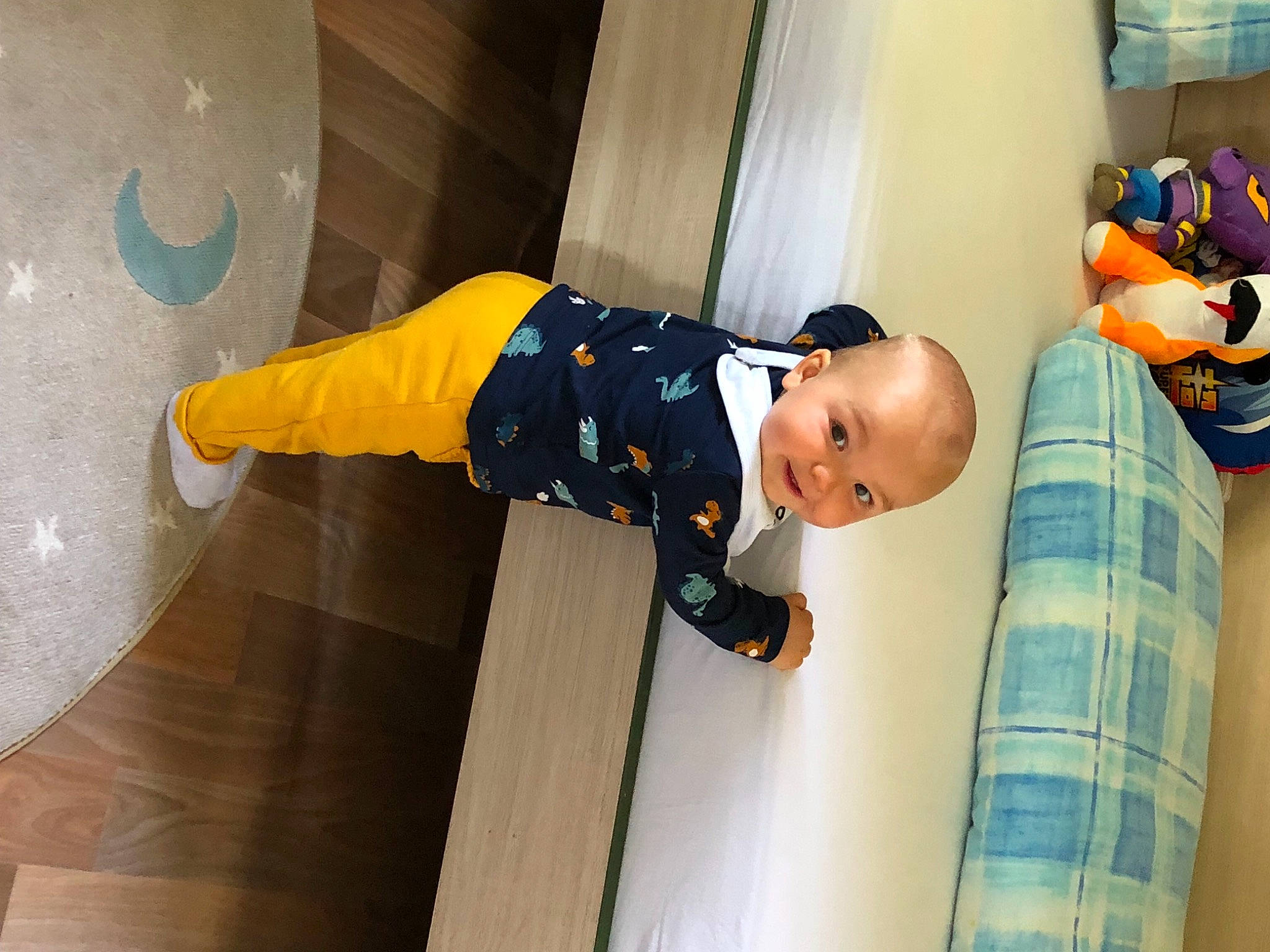 Ewen participe au concours pour gagner de l'argent avec cette photo : baby, baby_toddler_clothing, blue, child, cleanliness, comfort, flooring, fun, hardwood, orange, pattern, person, plaid, room, sleeve, smile, tartan, textile, toddler, toy