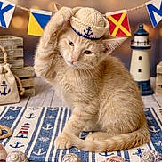 Tiggy Boy is registered to the contest to win money with this photo: kitten, cat, sailor_hat, seashells, sea_glass, nautical_theme, lighthouse, decor, flag_bunting, wooden_floor, soft_lighting, orange_cat, pet, cute, animal, indoor, closeup, adorable, posing, small_hat