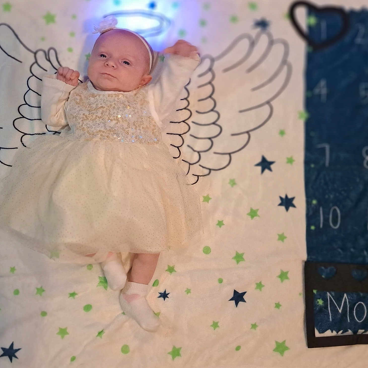 Angelique joined the competition — help win amazing prizes! angel, baby, blanket, child, cute, dress, halo, headband, indoors, infant, lying_down, months, numbers, portrait, socks, soft_focus, soft_lighting, stars, white_clothing, wings