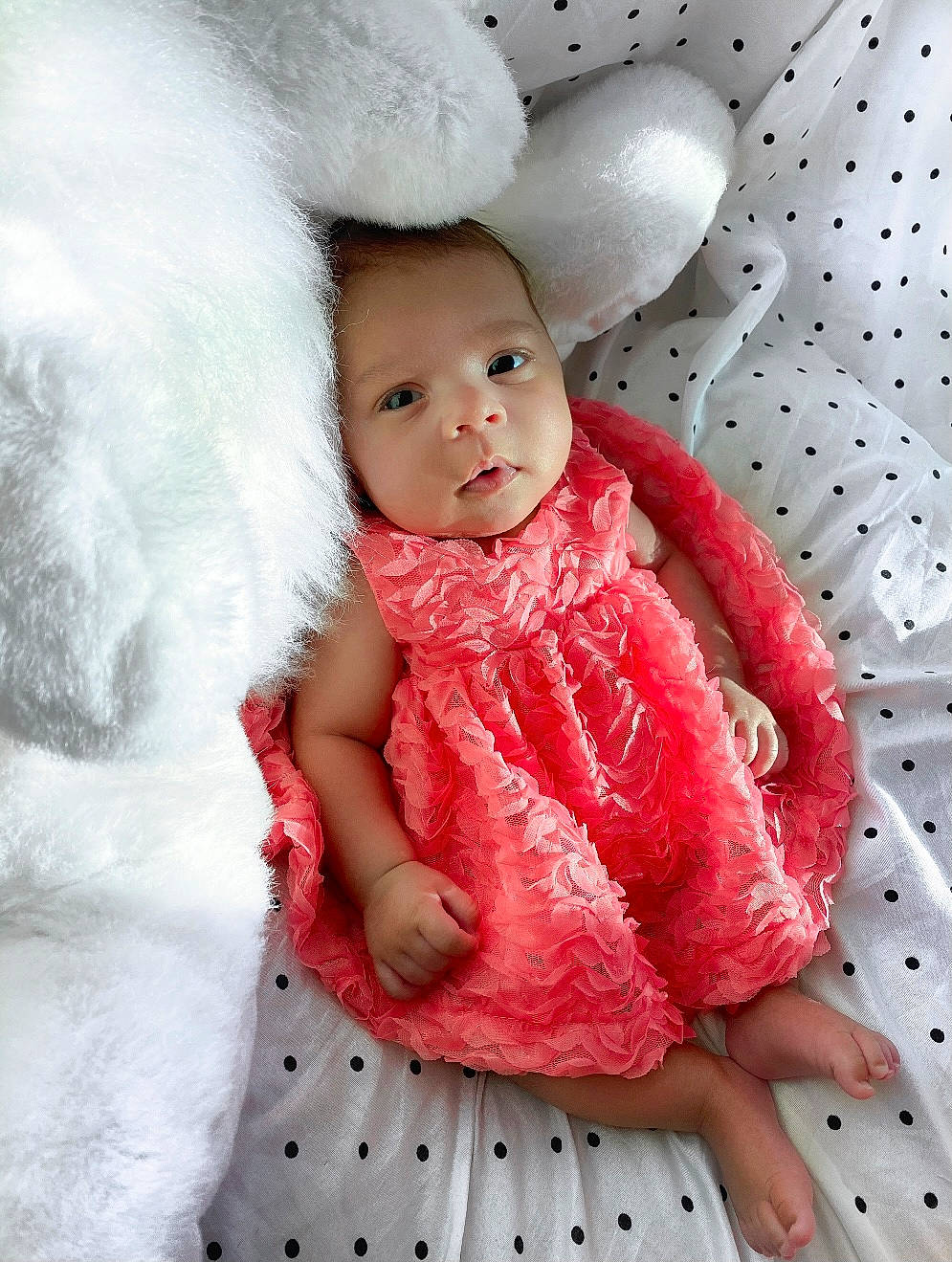 Jolie is registered to the contest to win money with this photo: baby, baby_toddler_clothing, cheek, child, day_dress, dress, embellishment, fashion_accessory, happy, linens, magenta, pattern, peach, person, pink, skin, sleeve, smile, textile, toddler