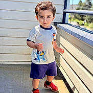 Zohan is registered to the contest to win money with this photo: child, toddler, boy, standing, outdoor, balcony, sunlight, clothing, shorts, tshirt, red_shoes, cartoon, hair, smile, face, person, daylight, railing, concrete_floor, playful