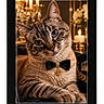 cat, tabby, pet, animal, portrait, bow_tie, collar, bell, framed_picture, black_frame, white_mat, indoor, elegant, formal, luxury, chandelier, candle, flowers, decor, close_up