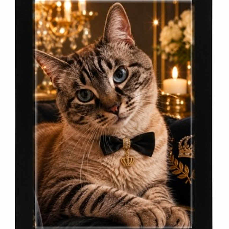 Knut participe au concours pour gagner de l'argent avec cette photo : cat, tabby, pet, animal, portrait, bow_tie, collar, bell, framed_picture, black_frame, white_mat, indoor, elegant, formal, luxury, chandelier, candle, flowers, decor, close_up