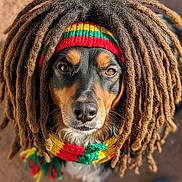 Parker is registered to the contest to win money with this photo: dog, face, portrait, costume, scarf, knitted, dreadlocks, black_and_brown, fur, animal, pet, cute, closeup, outdoor, expression, fashion, colorful, headwear, funny, looking_at_camera