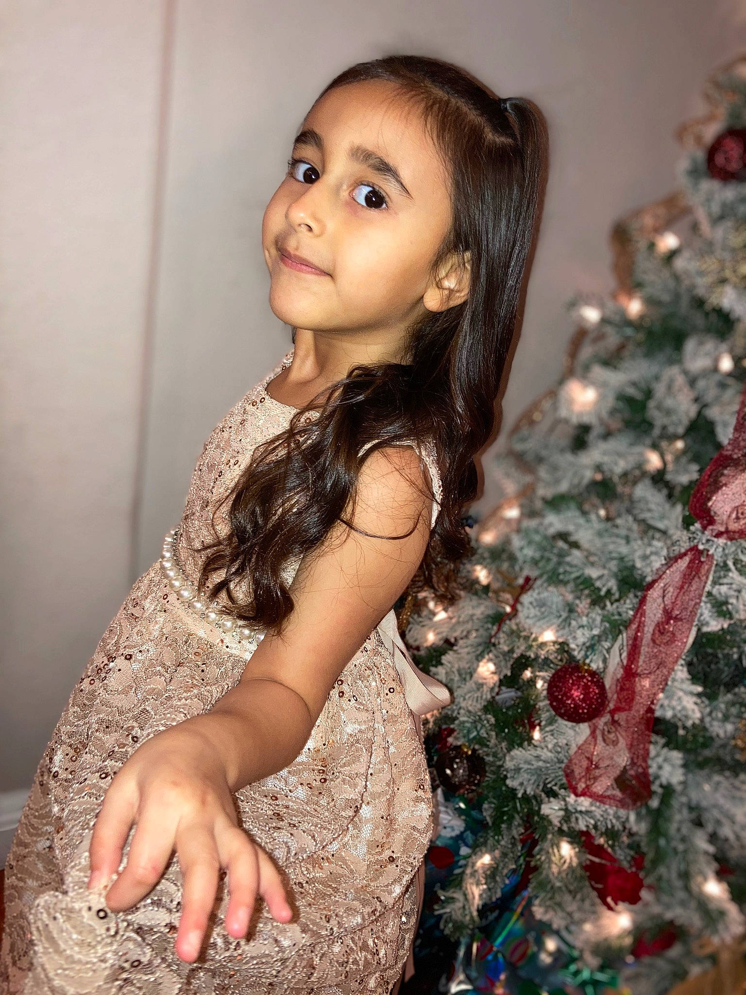 Elaina Kauhi is registered to the contest to win money with this photo: christmas_tree, doll, dress, eye, eyelash, facial_expression, flash_photography, hair, hairstyle, hand, happy, head, human_body, iris, lip, person, shoulder, skin, standing, toy