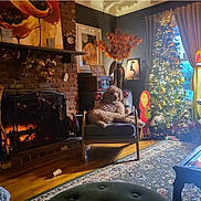 Preacher joined the competition — help win amazing prizes! dog, chair, fireplace, brick_wall, christmas_tree, ornaments, holiday_decor, wooden_floor, vase, flowers, painting, curtains, rug, lamp, window, figurines, cozy, indoor, living_room, furniture