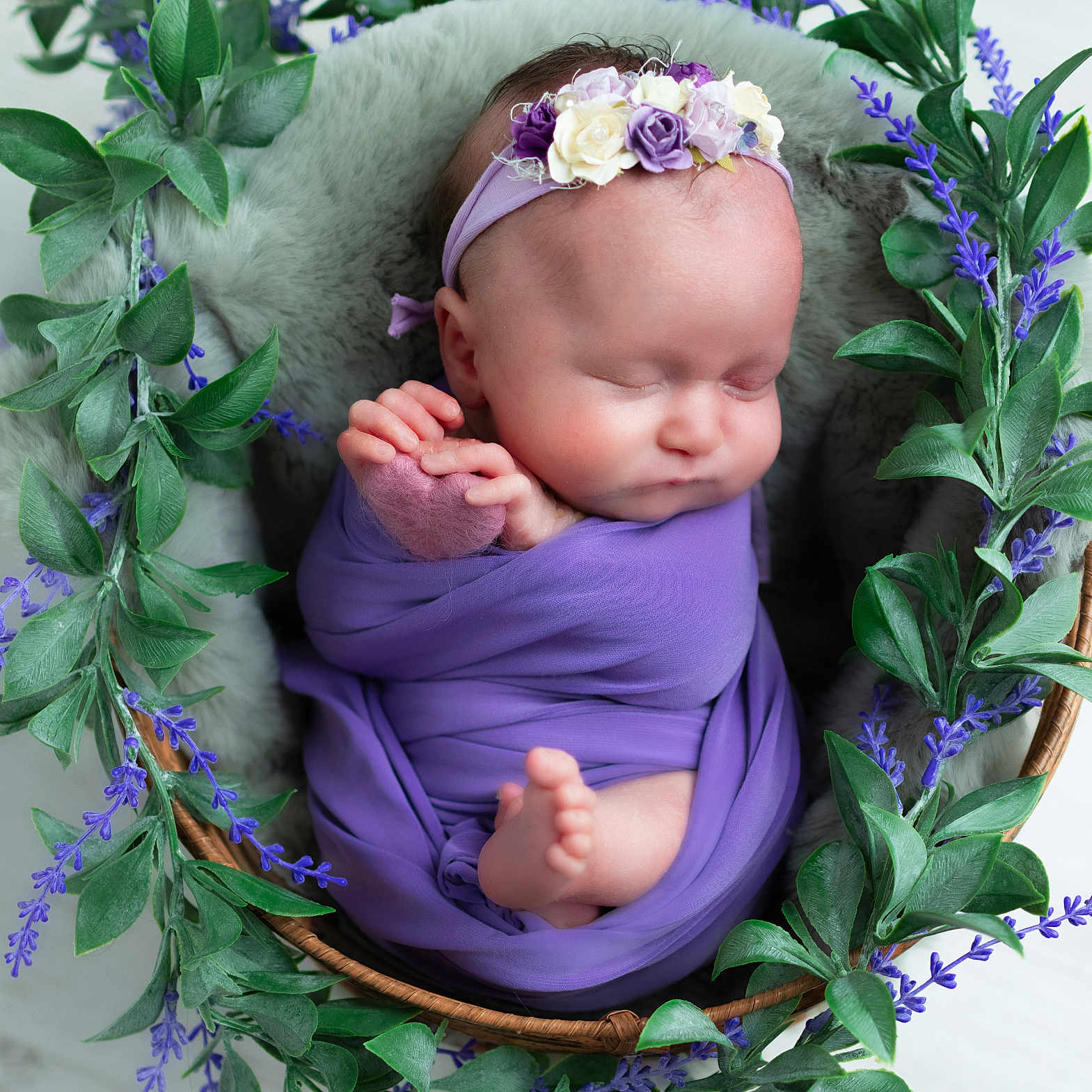 Eliya participe au concours pour gagner de l'argent avec cette photo : baby, basket, closeup, cozy, cute, flower_crown, green_leaves, headband, infant, natural_light, newborn, peaceful, portrait, purple_cloth, purple_flowers, resting, sleeping, small, soft_texture, wrapped