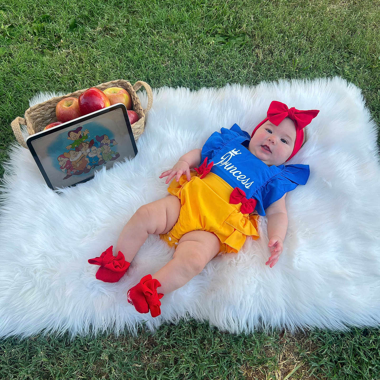 Valeryn is registered to the contest to win money with this photo: apples, baby, basket, cartoon, child, colorful_clothing, cute, fluffy_rug, grass, headband, nature, outdoor, playing, portrait, princess_outfit, red_bow, relaxing, smile, socks, tablet