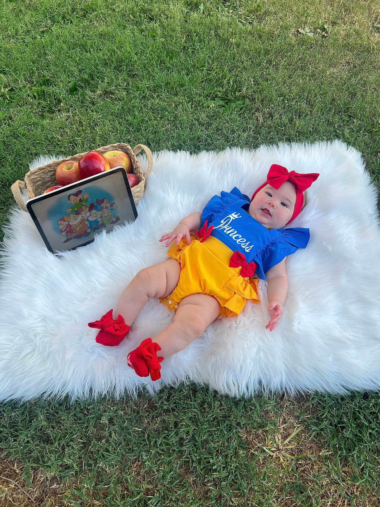 Valeryn is registered to the contest to win money with this photo: baby, grass, outdoor, basket, apples, tablet, cartoon, princess_outfit, headband, red_bow, socks, fluffy_rug, smile, child, cute, playing, colorful_clothing, portrait, nature, relaxing