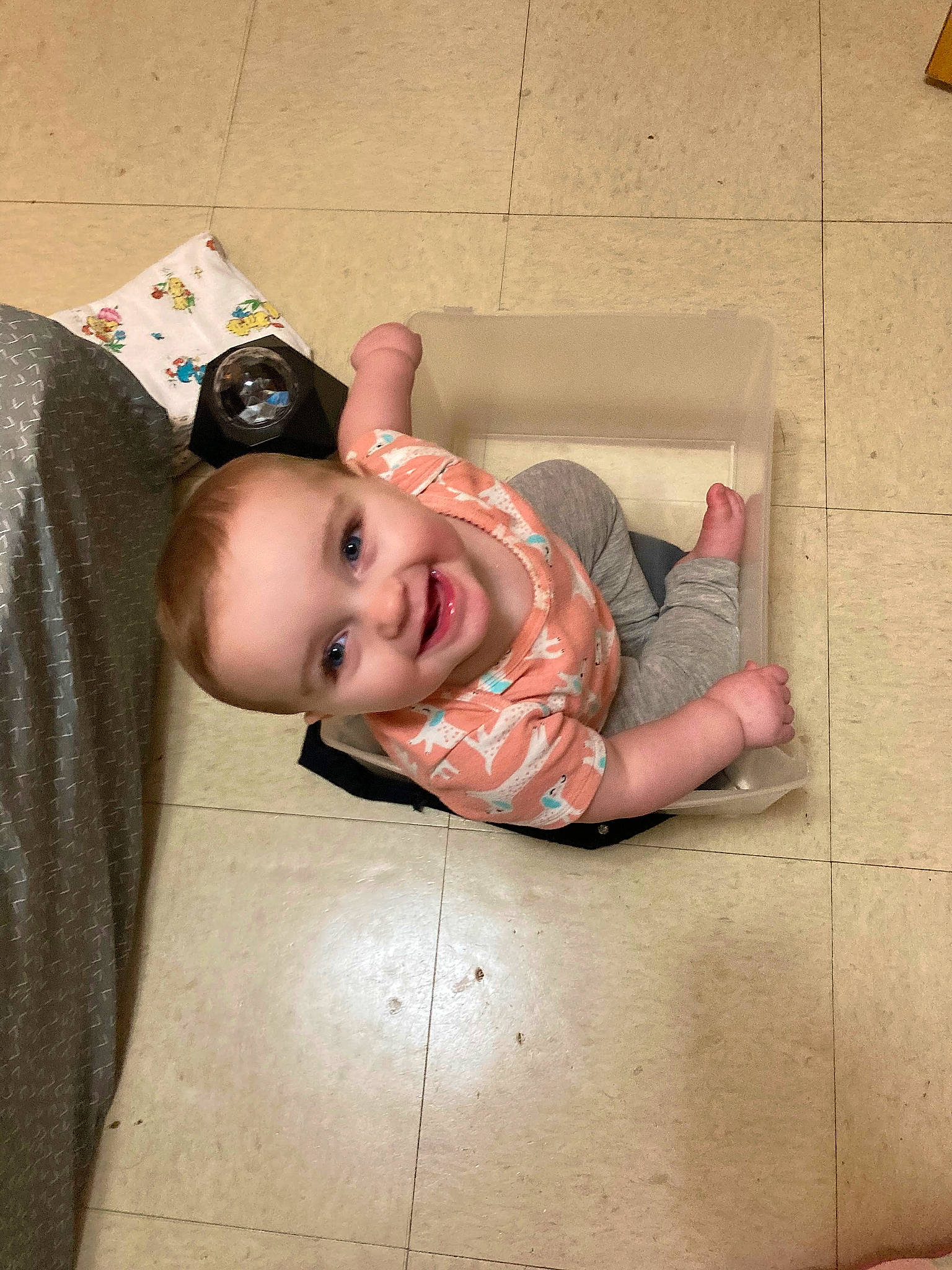 Ava is registered to the contest to win money with this photo: baby, baby_laughing, baby_toddler_clothing, cheek, chin, eye, flash_photography, floor, flooring, fun, hairstyle, happy, joy, lip, mouth, nose, person, skin, smile, standing