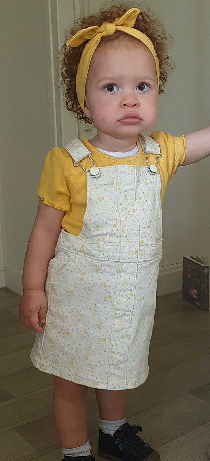 Ilyana participe au concours pour gagner de l'argent avec cette photo : baby, baby_toddler_clothing, cheek, chest, child, day_dress, dress, embellishment, eyelash, formal_wear, gesture, jewellery, neck, one_piece_garment, pattern, person, skin, sleeve, toddler, trunk