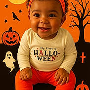 Journi Reign is registered to the contest to win money with this photo: baby, child, smile, halloween, orange, black, headband, pumpkin, ghost, bat, tree, cross, socks, curly_hair, long_sleeve_shirt, pants, holiday, festive, costume, portrait