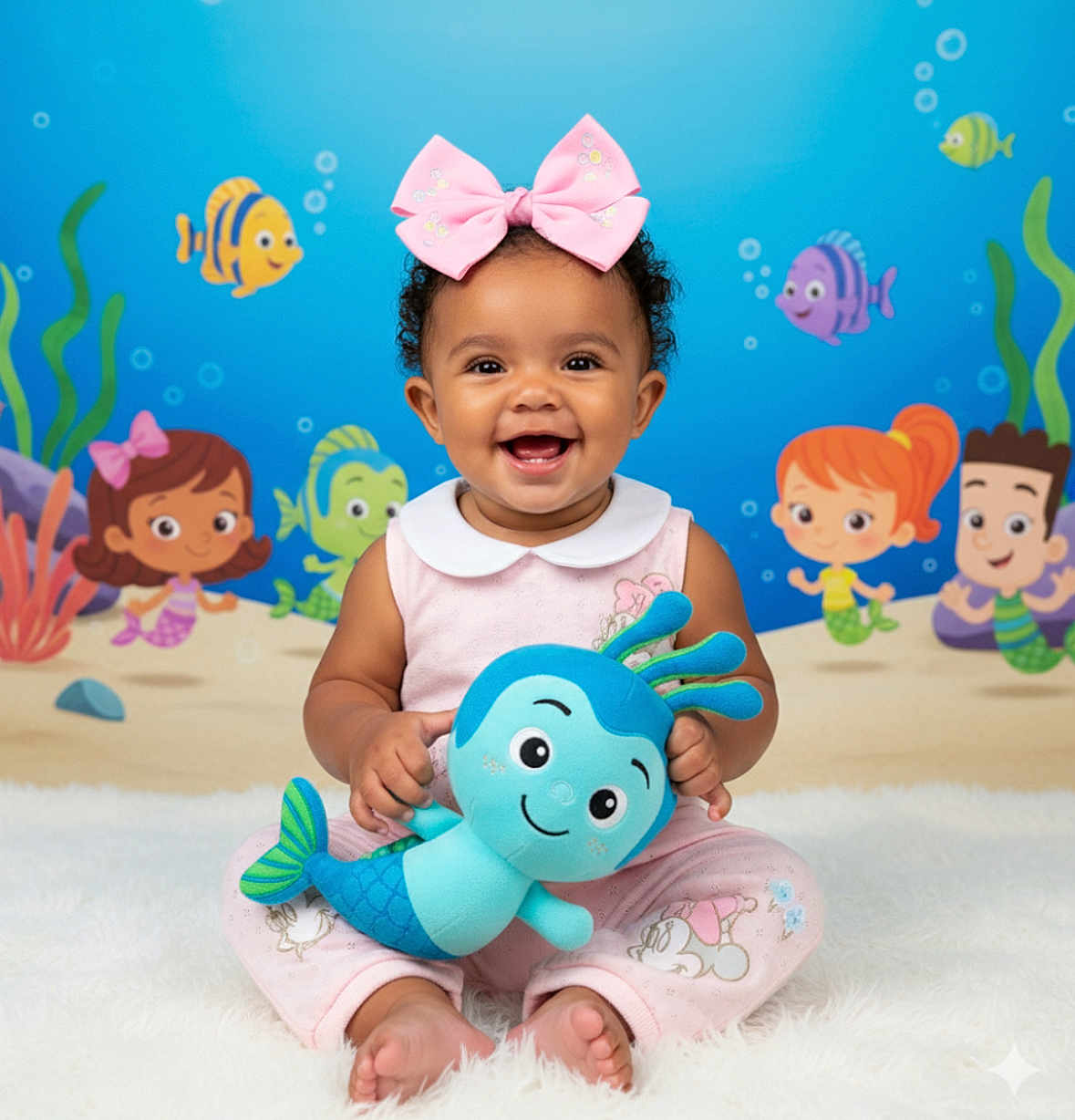 Journi Reign is registered to the contest to win money with this photo: baby, child, pink_bow, plush_toy, mermaid, cartoon_background, underwater_theme, happy, smiling, sitting, white_rug, cute, indoor, portrait, infant, toy, colorful, playful, decor, young_child