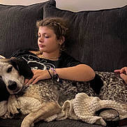 Vinnie joined the competition — help win amazing prizes! dog, person, couch, blanket, indoor, relaxing, pet, sleepy, casual, comfort, hand, fur, leisure, home, resting, young_adult, braided_hair, black_tshirt, speckled_dog, friendship