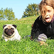 Loupiotte participe au concours pour gagner de l'argent avec cette photo : child, dog, pug, grass, outdoor, playful, tongue_out, sunny, happy, nature, casual_clothing, greenery, fun, young, animal, pet, portrait, summer, field, smiling