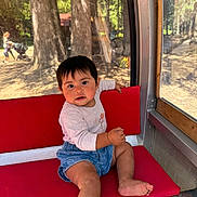 Alma a rejoint le concours — aidez-le/la à gagner de superbes lots ! toddler, child, bench, red_bench, window, forest, tree, outdoor, person, stroller, sunlight, curious, casual_clothing, denim_shorts, long_sleeve_shirt, barefoot, indoor, cabin, portrait, daytime
