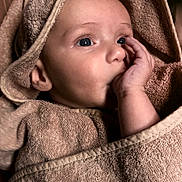 Aaron a rejoint le concours — aidez-le/la à gagner de superbes lots ! baby, infant, towel, thumb_sucking, wrapped, cozy, soft_texture, face, skin, hand, eyes, curious, cute, child, portrait, indoors, fabric, blanket, newborn, warm