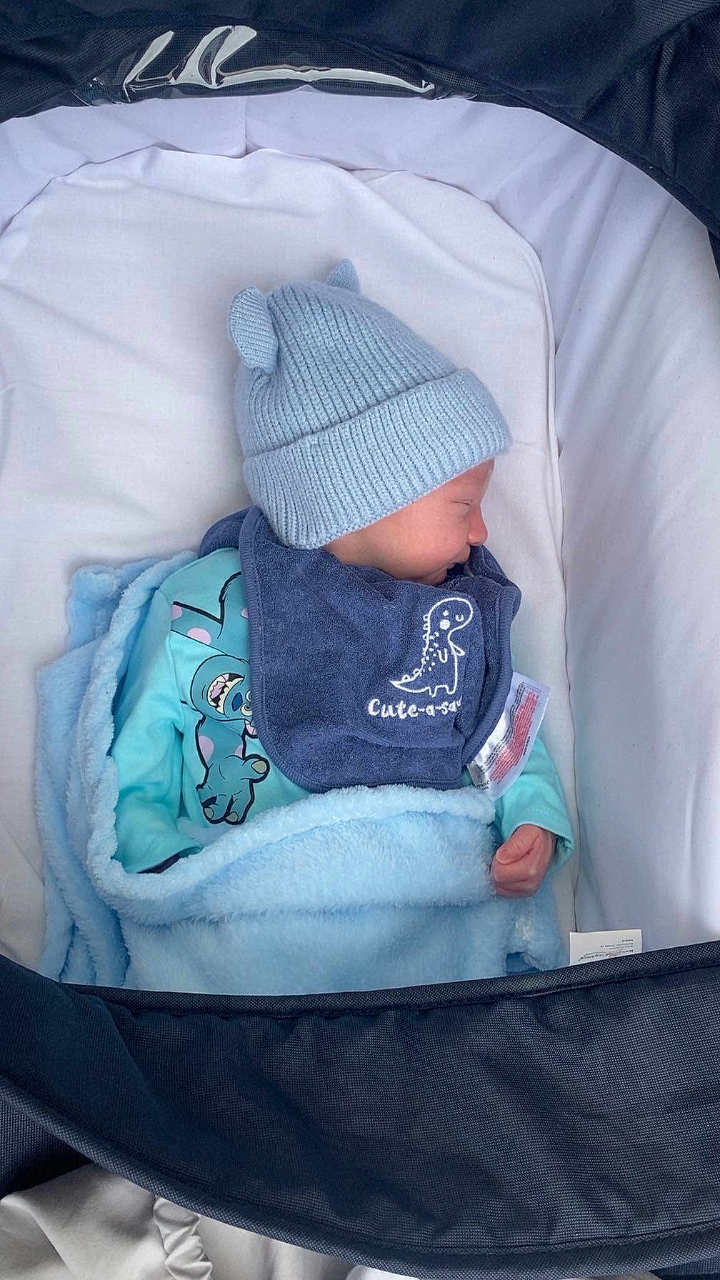 Luca is registered to the contest to win money with this photo: baby, sleeping, blanket, blue_clothing, knit_hat, stroller, infant, cozy, cute, child, peaceful, soft_toy, warm, tucked_in, face_profile, headwear, baby_bib, nap, indoors, portrait
