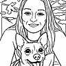animal, app_screenshot, black_and_white, collar, dog, face, grass, happy_dog, illustration, interface, leaves, line_drawing, nature, necklace, outdoor, playful, portrait, smiling, trees, woman