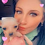 Lottie joined the competition — help win amazing prizes! woman, puppy, dog, selfie, heart_graphics, love, cuddle, portrait, face, hand, earrings, long_hair, casual_clothing, indoors, seatbelt, car_interior, soft_focus, cute, affection, pink