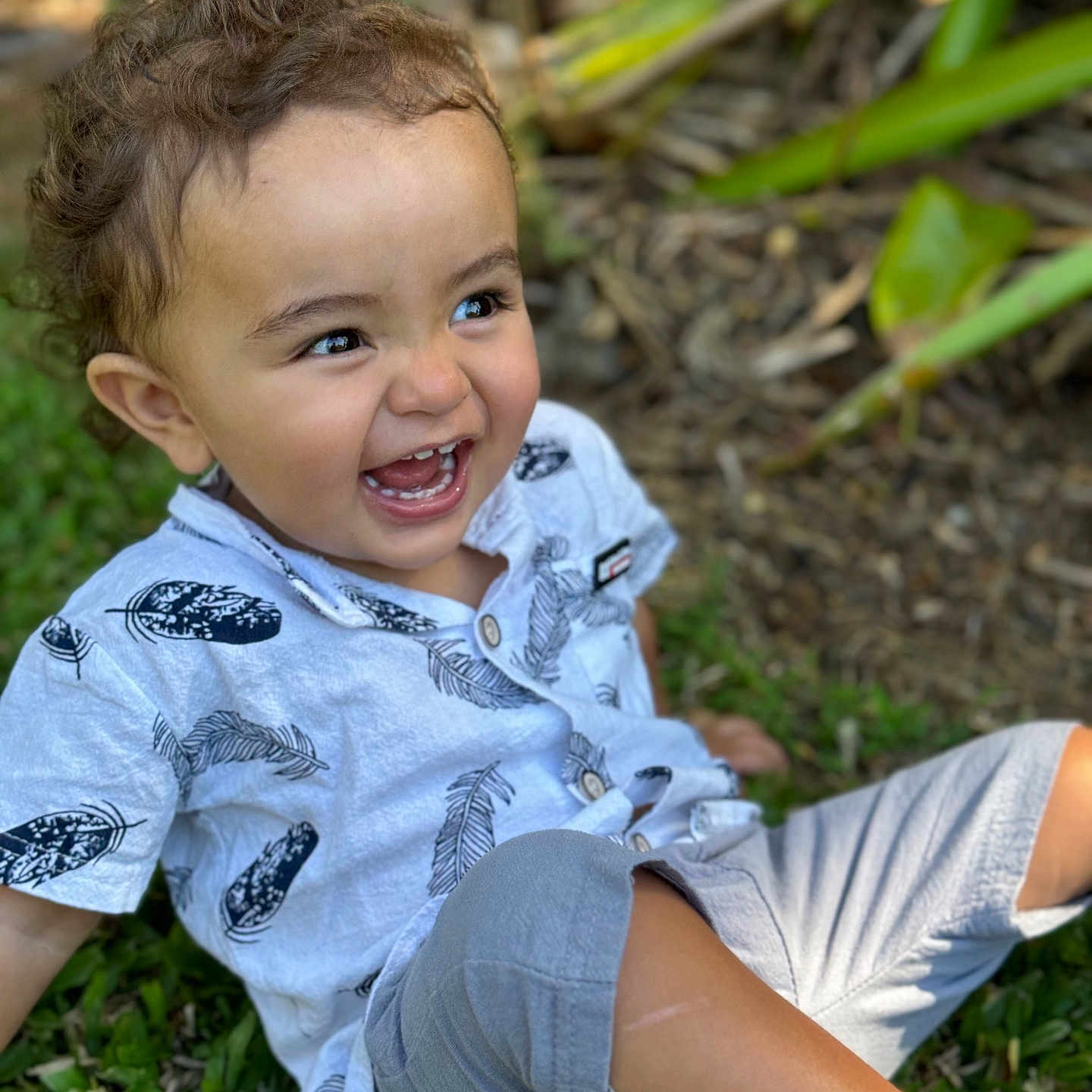 Azariah joined the competition — help win amazing prizes! barefoot, candid, casual_clothing, child, curly_hair, daylight, feather_print, grass, greenery, happy, laughing, nature, outdoor, playful, portrait, shirt, shorts, smiling, toddler, young_child