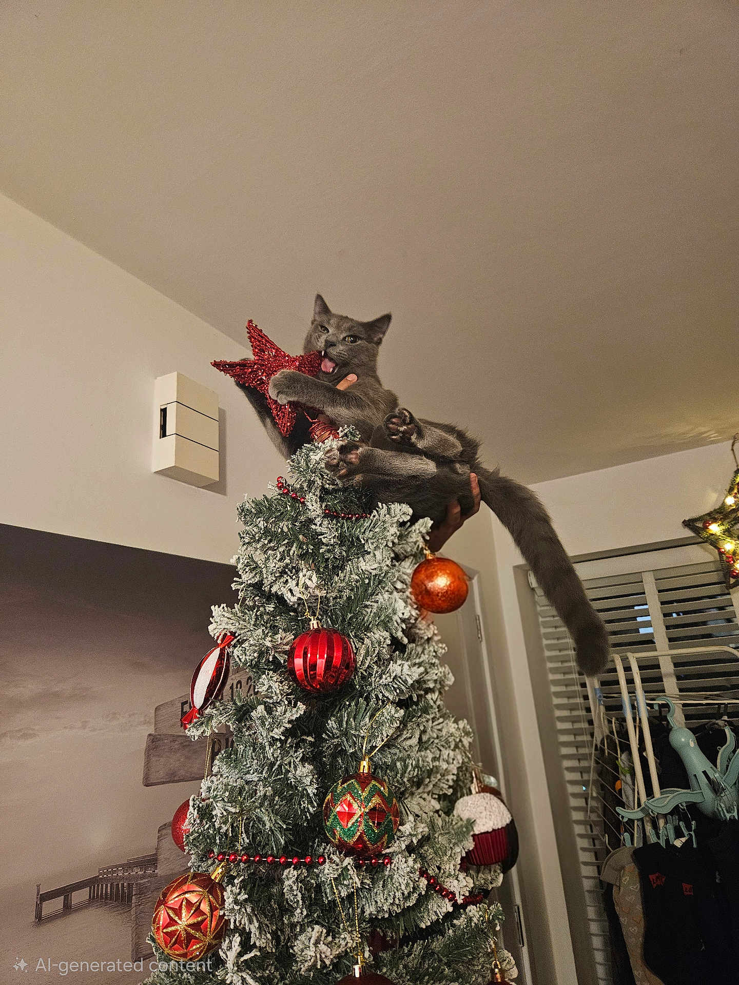 Pao is registered to the contest to win money with this photo: cat, christmas_tree, ornament, red_star, grey_cat, holiday, indoor, decorations, playful, festive, person_holding, furniture, window_blinds, lights, celebration, home, animal, tree_topper, seasonal, funny