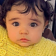 Aisha is registered to the contest to win money with this photo: child, toddler, face, eyes, hair_bows, curly_hair, yellow_clothing, knitted_top, portrait, cute, baby, indoor, person, young_child, closeup, expression, sitting, earrings, fashion, adorable