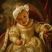 Kiara joined the competition — help win amazing prizes! baby, child, portrait, royalty, throne, crown, bow, dress, scepter, ornate, golden, vintage_style, painting, digital_art, seated, smiling, face, jewelry, curtain, palace