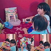 Andrew And Peter joined the competition — help win amazing prizes! child, children, books, reading, table, toys, indoor, red_wall, container, doorway, curiosity, playful, learning, striped_shirt, short_hair, long_hair, furniture, blanket, person, young