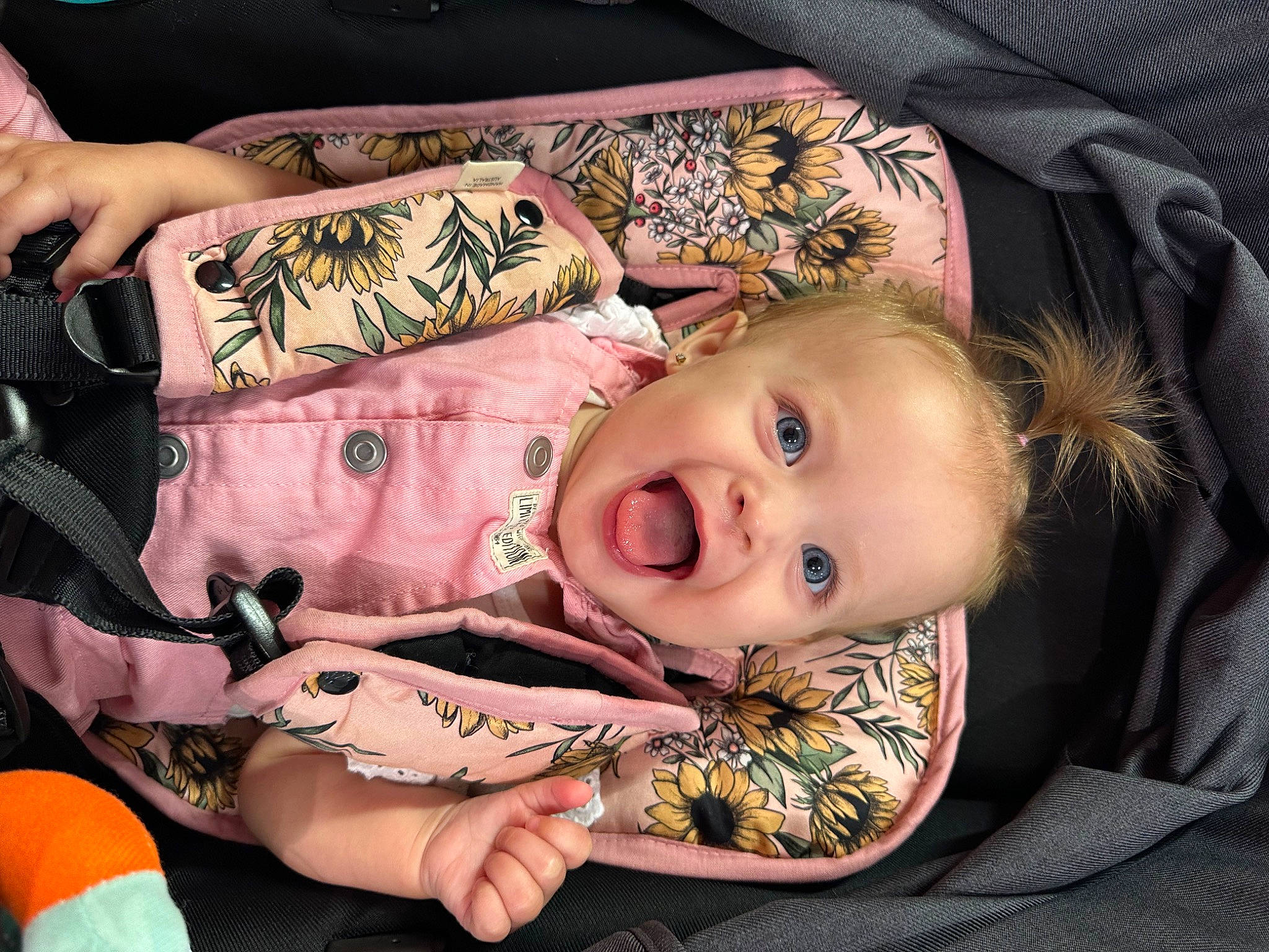 Macey joined the competition — help win amazing prizes! baby, baby_products, baby_toddler_clothing, cheek, child, comfort, eyelash, head, nail, pattern, person, sitting, skin, sleeve, toddler, wood